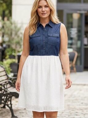 Angel Premium Denim and White Eyelet Lace Mixed Media Sleeveless Dress XL